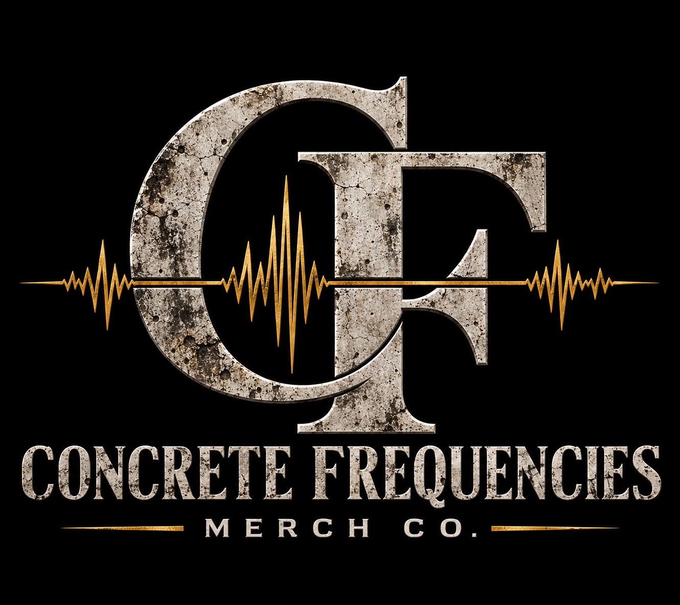 Concrete Frequencies Merch Co. — concrete CF monogram crossed by a gold frequency line